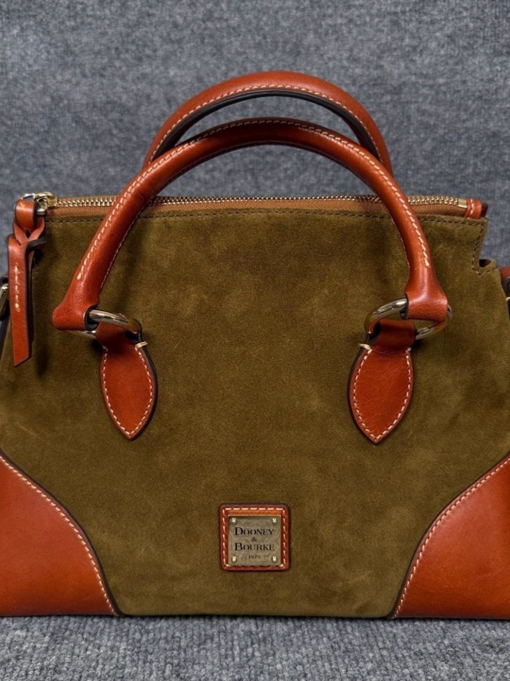 Dooney & Bourke Olive Suede with Brown Leather Trim Satchel
